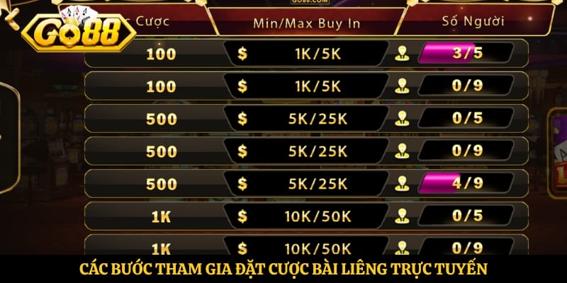 Các bước tham gia đặt cược bài liêng trực tuyến
